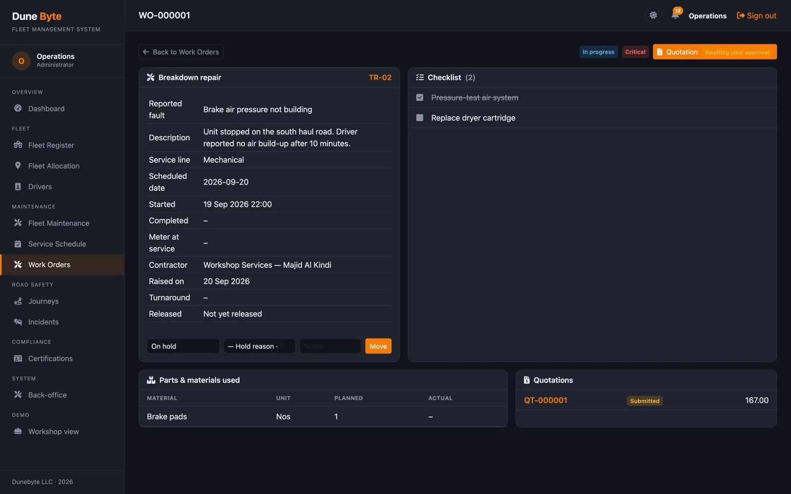 A breakdown work order showing the reported fault, the assigned contractor, a task checklist, the parts used, and the contractor quotation awaiting the operator's approval.